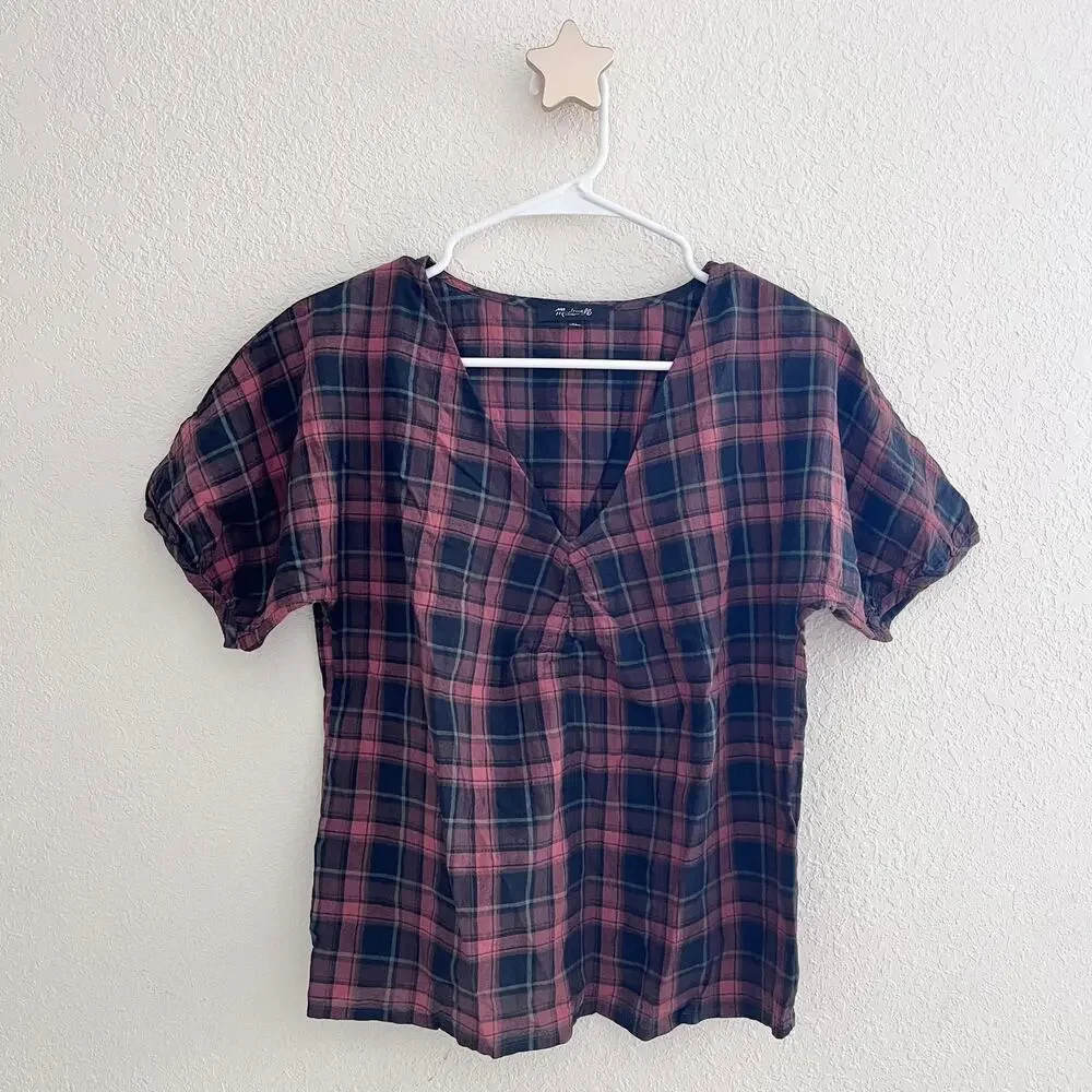 Madewell Plaid Gathered V-Neck Fuller Plaid Puff Sleeve Top Size XS - Picture 1 of 4